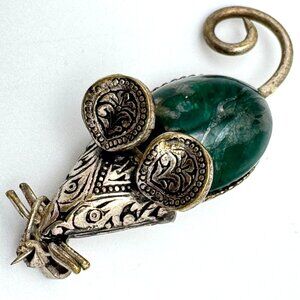 Jelly Belly Mouse Brooch Pin Green Glass Belly Intricate Silver-Tone Vtg